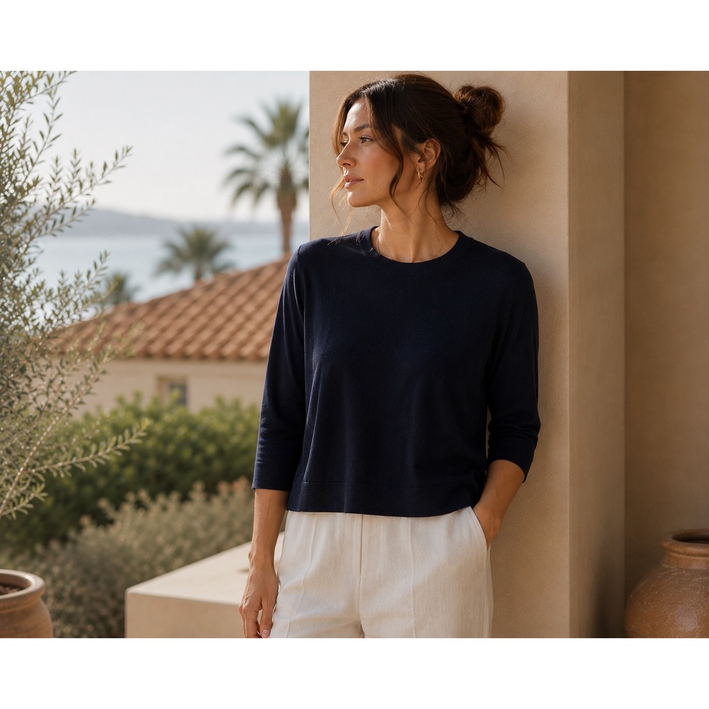 Dries Van Noten Sweater Womens Large Navy Blue 100% Wool 3/4 Sleeve Keyhole Back